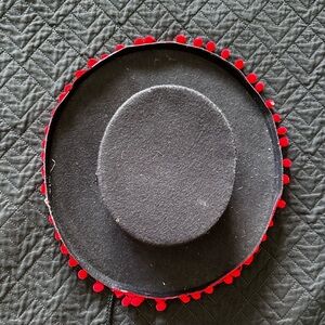 Flamenco Black Hat with Red Pom-Pom Trim